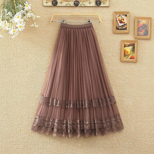 Golden Velvet Yarn Skirt Woman's Mid-length Elastic Waist Printed Lace High Waist A-line Skirt Pleated Skirt School Work Travel