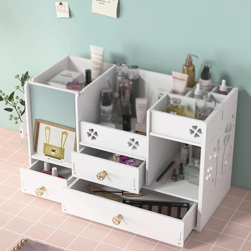 WomenVanity Mirror with Storage  Integrated Desktop Removable Makeup Mirror Bedroom Dormitory