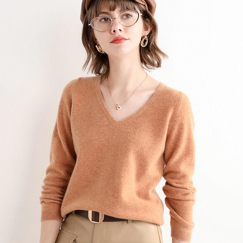 Wool V-neck Long-sleeved Sweater Autumn and Winter Fashion Sexy All-match Loose Blouse