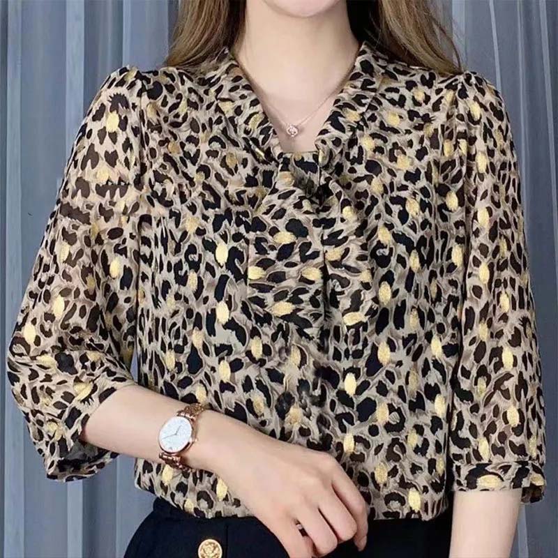 Women Chiffon Blouses Shirts Lady Casual Half Sleeve Bow Tie Collar Printed Blouses Tops Spring Summer Blouse Women Clothing