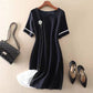 Summer Women's Solid Color Dress Mid-skirt Fashion Stitching Black Dress All-match Round Neck Short Sleeves Slim Style