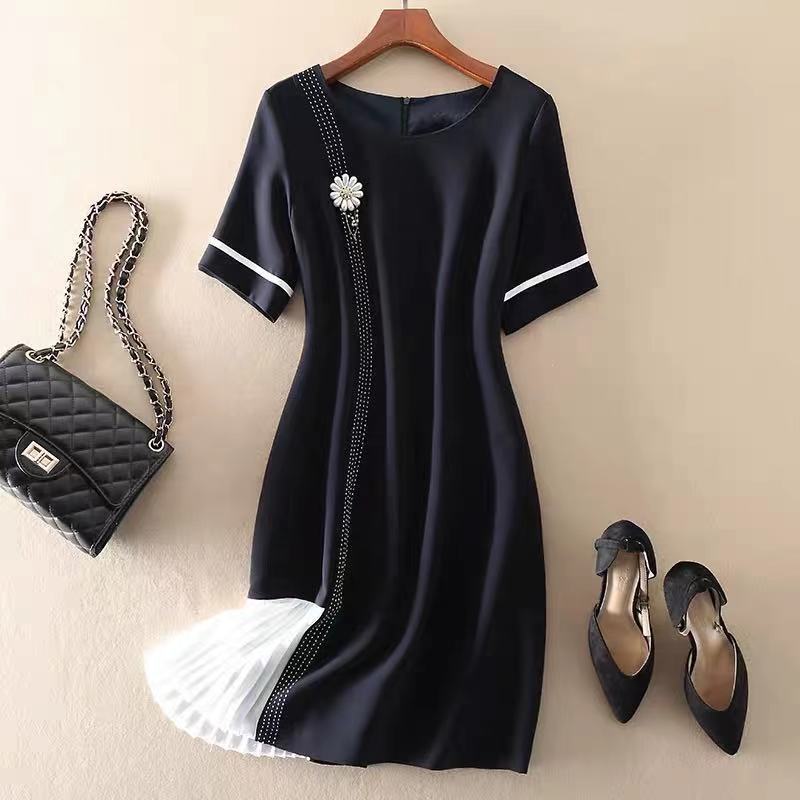 Summer Women's Solid Color Dress Mid-skirt Fashion Stitching Black Dress All-match Round Neck Short Sleeves Slim Style