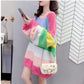 Girl Student Loose Jacket Round Neck Pullover Simple Sweater Rainbow Stripe Long Sleeve Fashion Top