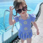 Baby Girls Swimwear Backless Cute Flower Printed One-Piece Swimsuit Summer Kids Lotus Leaf Sleeve Pleated Skirt Beachsuit