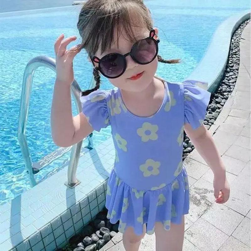 Baby Girls Swimwear Backless Cute Flower Printed One-Piece Swimsuit Summer Kids Lotus Leaf Sleeve Pleated Skirt Beachsuit