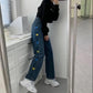Love Embroidery Jeans Women's Straight Spring and Autumn High Waist Loose Korean Version of Thin Wild Legs