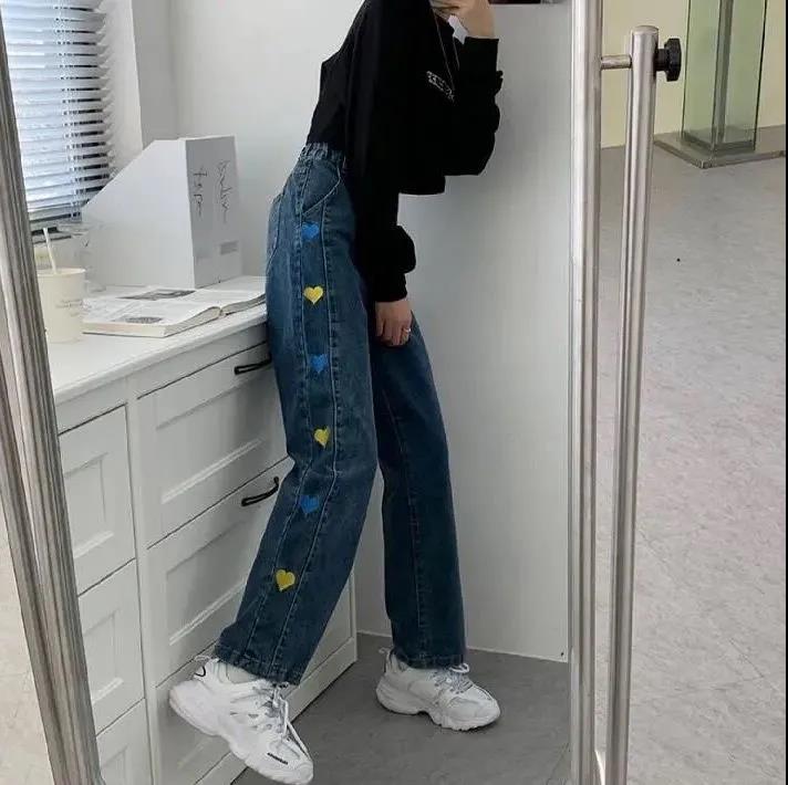 Love Embroidery Jeans Women's Straight Spring and Autumn High Waist Loose Korean Version of Thin Wild Legs