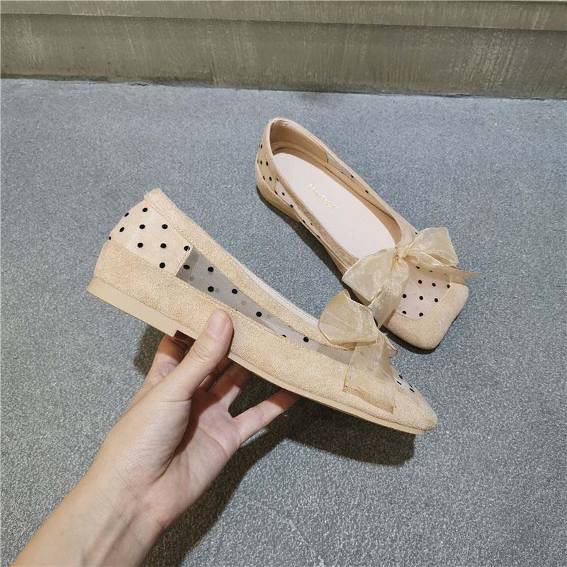 Spring and Summer Ballet Shoes Female Square Head Polka Dot Mesh Flat Mary Jane Shoes Fairy Style Lace Lace