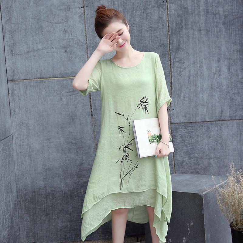 Summer Retro Ethnic Print Dress Mid-length Plus Size Fake Two Pieces of Bamboo Print Solid Color