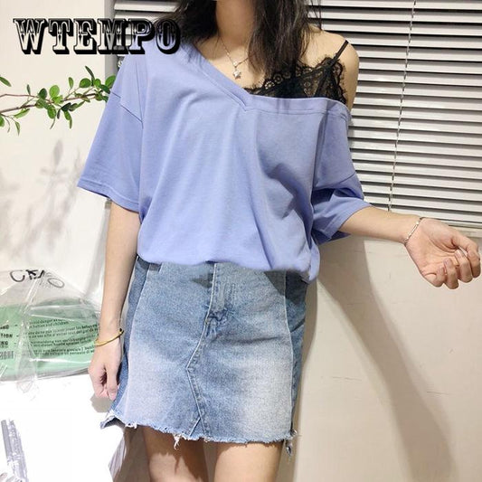 Fashion Women Loose One Shoulder T Shirt Summer lace Fake two pieces T-shirt Off-the-shoulder