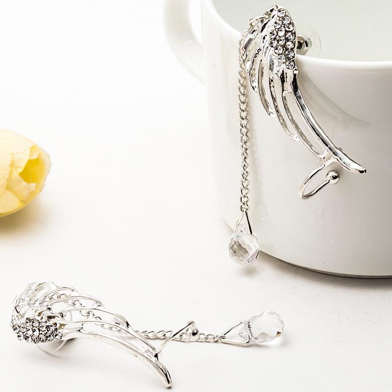 Water Drop Stud Earrings Angel Wing Crystal Long Earrings Earless Ear Clips
