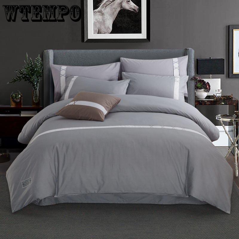 Fashion 100% Cotton Pure Color Bedding Sets Simple 4 Pcs Bedclothes Simple Quilt Cover