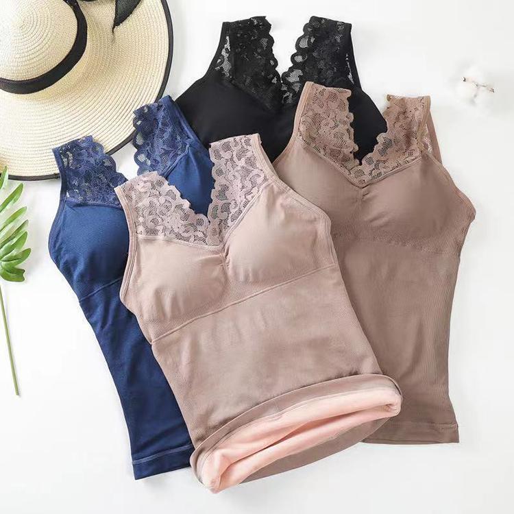 Winter Tank Top Sexy Padded Top Lingerie Crop Tops Lace Tank Black Velvet Warm Vest Inner Wear Camisole Strap Bralettes