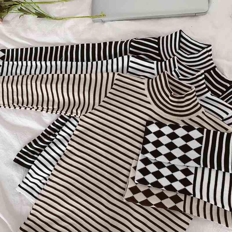 Black and white striped pullover sweater women's winter slim thin turtleneck sweater long sleeves