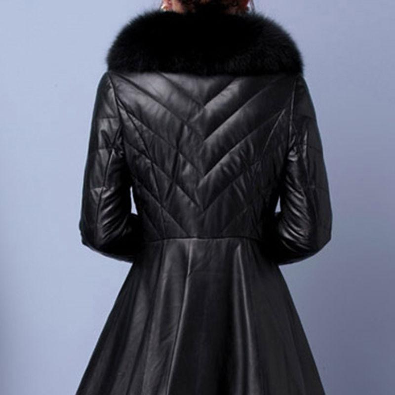 Women's Faux Fur Coat Winter Ladies Parka Large Size Thicker Warm Mid-length PU Leather Coat with faux Fox Fur Collar