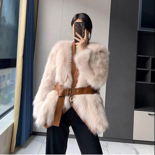 Fur Coat Winter Ladies Retro Fashion V-neck Waist Thickened Warm Mid-length Fur All-in-one Plush Jacket