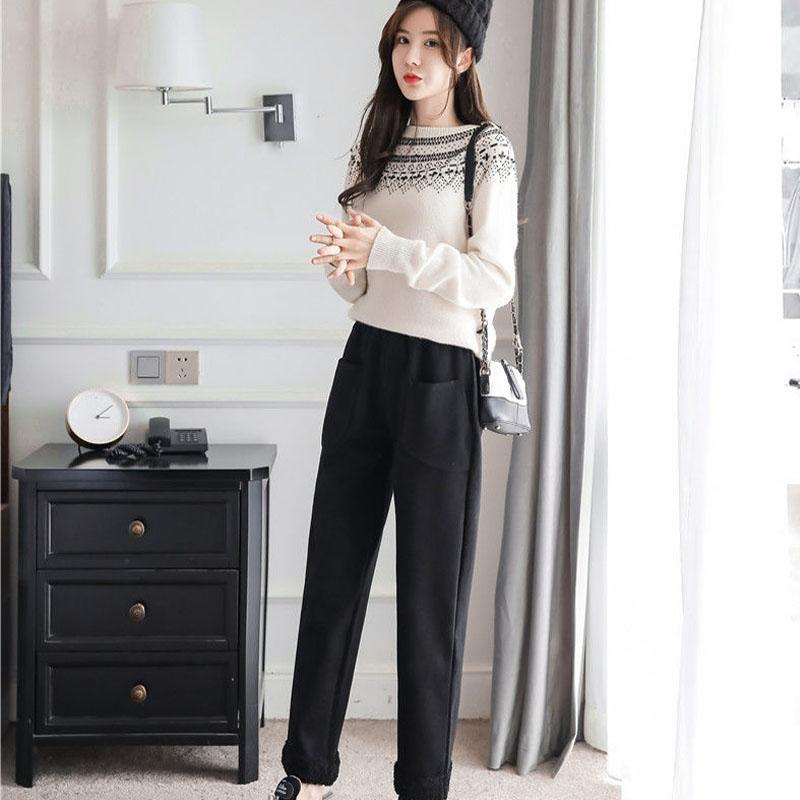 Plus Velvet Padded Pants Women's Autumn and Winter Woolen Straight-leg Pants Casual Korean Style High-waisted Thin Wide-leg Grandma Trousers