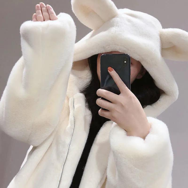 Faux Fur Coat Winter Ladies Cute Bear Ears Plush Thick Warm Hooded Mid-length Fur Coat