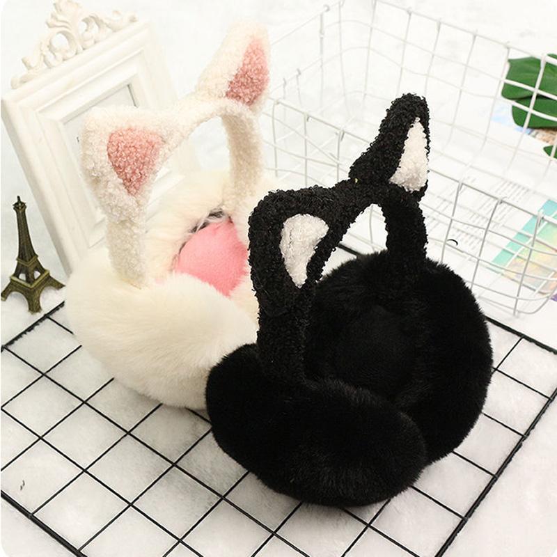 Women's Cute Cat Ears Foldable Earmuffs Korean Style Plush Ear Muffs Thickened Cold-proof Cartoon Earflap Winter Plush Ear Pad Cover Ear Protection