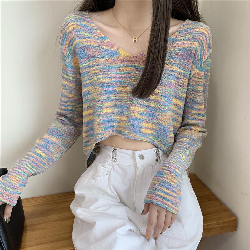 Autumn Rainbow Strip Sweet Sexy V-neck Short Cropped Long-sleeved Sweater Top Women