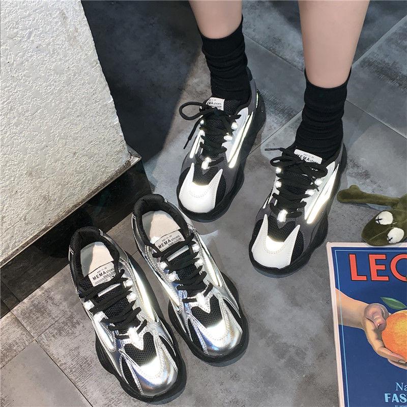 2020 Women Chunky Sneakers Designers Ulzzang Silver Lace Up Casual Vulcanized Shoes Sports Footwear