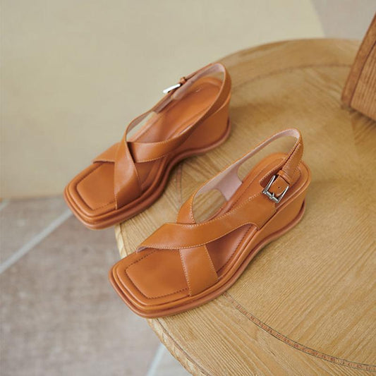 Wedge Sandals Women's Summer Sponge Cake Thick-soled Real Soft Leather Casual Style Summer Fashion High Heels