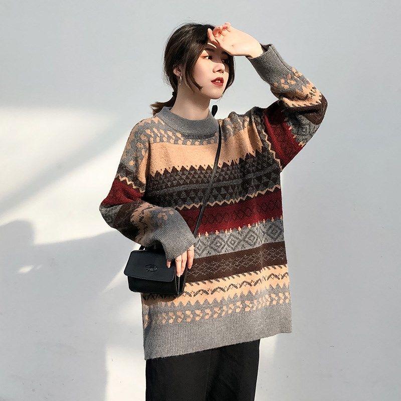 Vintage Geometric Pattern printed Sweater Women Loose Casual Pullover Sweater Top Students All-match Knitwear Outer Wear