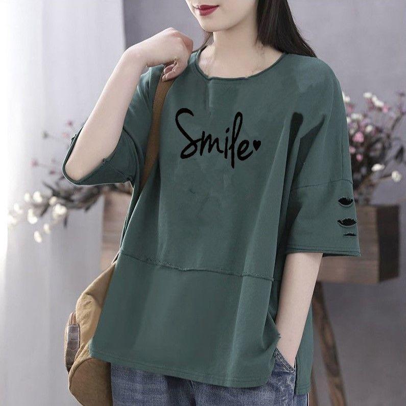 Summer Large Size Short Sleeve Pullovers Simple Letters Printed T-shirts Women Casual Cotton Shirts