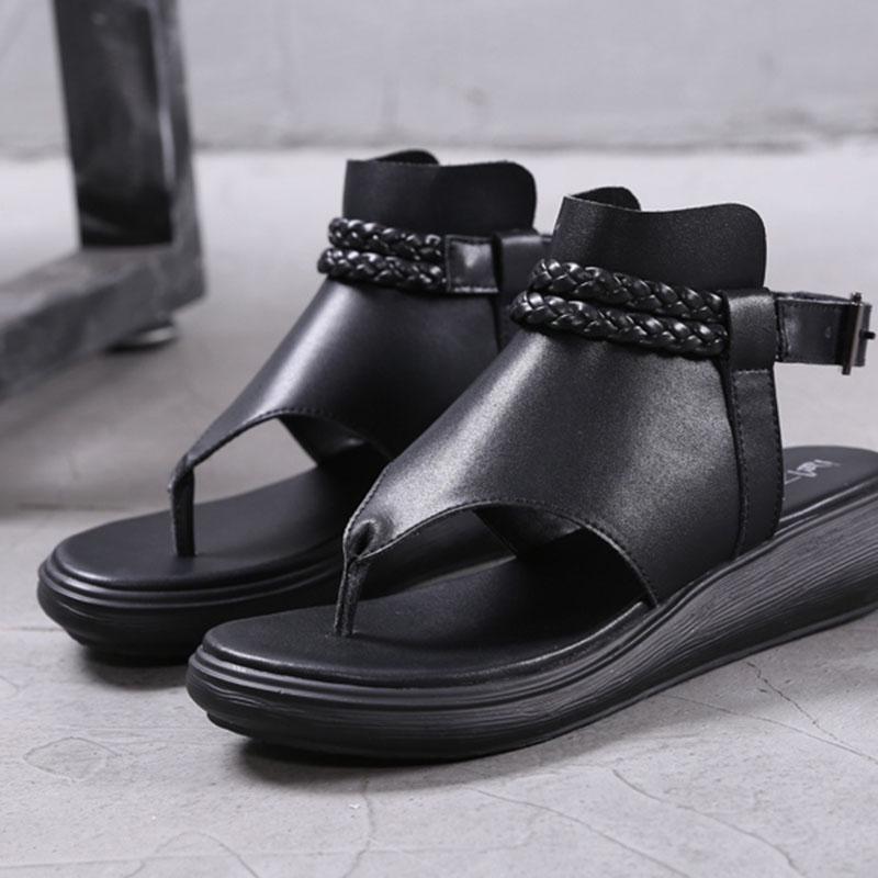 Plus Size 36-40 Summer Women Outdoor Black Rome Flip Flop Flat Bohemian Beach Shoes Non-slip Office Lady Leather Sandals