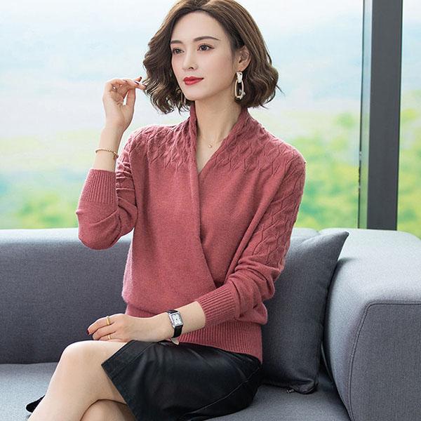 Women's Solid Color Woollen Sweater Loose Plus Size Cross V-neck Sweater Pullover Wool Knit Jumper