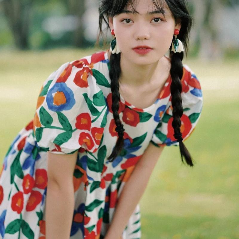 Cute Girl Puff Sleeve Dress Retro Print Long Loose Mid-length Skirt