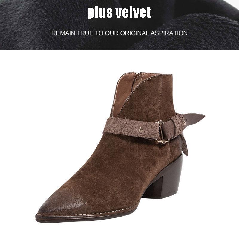 Vintage Pointed Suede Boots British Style Soft Chelsea Boots Thick Heel Plus Velvet Ankle Boots