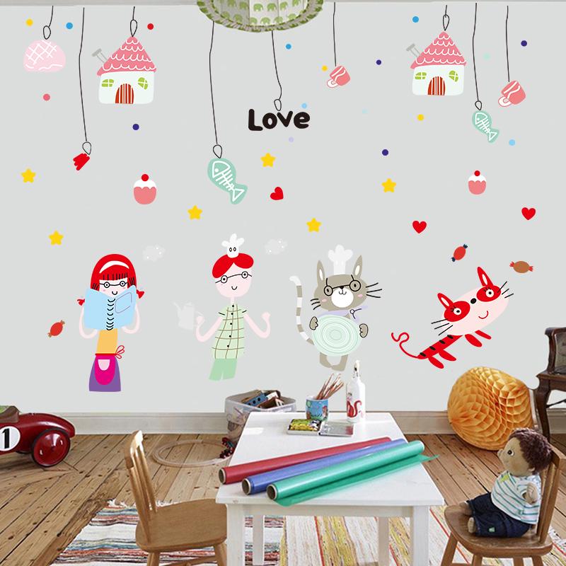 [Wall sticker ]Cartoon Cat Fish Bone Wall Stickers For Kids Rooms Nursery Bathroom Tile Home Decorat