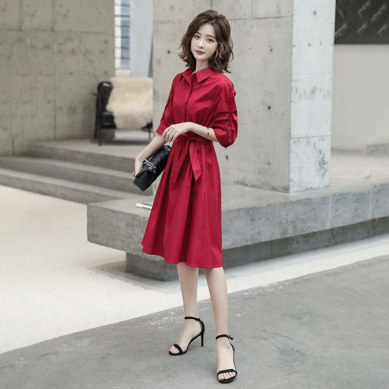 Spring Summer Women's Shirt Dress Mid-length Skirt Ladies Professional Wear All-match Long-sleeved Solid Color Dress