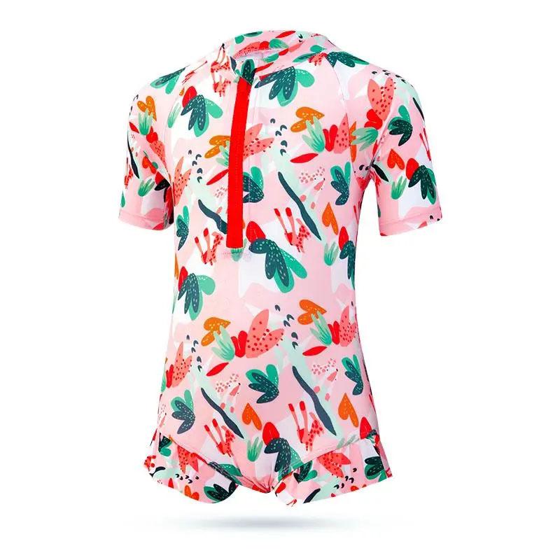 Baby Girls Flower Printed Swimsuit Summer One Piece Bikini Swimming Suit Kids Baby Short Sleeve Lotus Leaf Sleeve Quick Dry Beachsuit