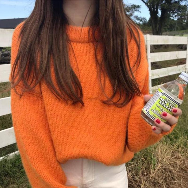 Pofulove Orange sweater women loose lazy wind hedging sweet candy-colored sweater students thickened