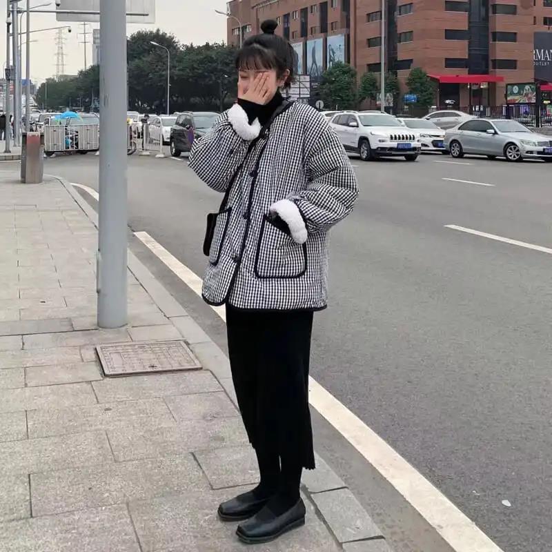 Plaid Cotton Coat Lamb Hair Plus Velvet Thickening Student Korean Style Loose Coat Coat Women
