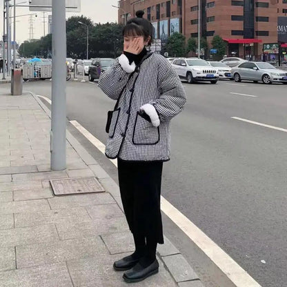 Plaid Cotton Coat Lamb Hair Plus Velvet Thickening Student Korean Style Loose Coat Coat Women