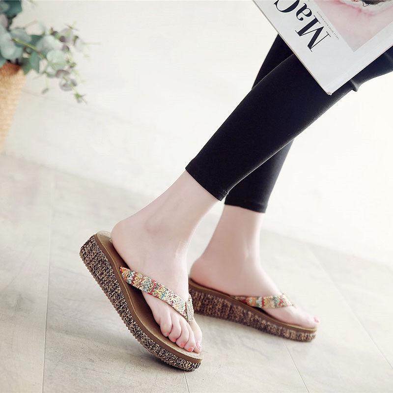 Slippers Female Summer Wear Thick Bottom Flip Flops Ladies Anti-skid Clip Feet Increase Seaside Beach Sandals and Slippers