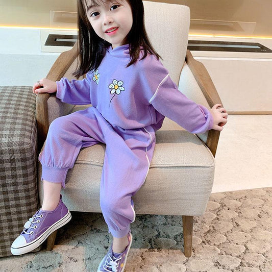 Girls Spring and Autumn Clothes Suit Printed Hooded Sweater Suit Casual Loose Sets Korean Two-piece Suit