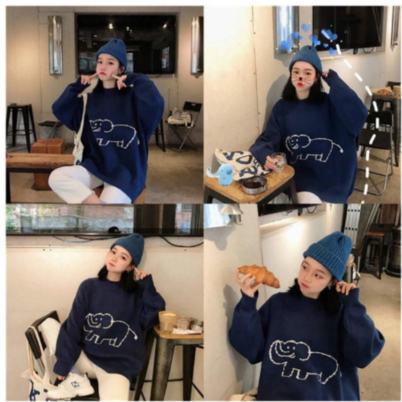 Pofulove Autumn Winter Round Neck Sweater female Loose Wild  Cartoon Pattern Knitted Thin Sweater