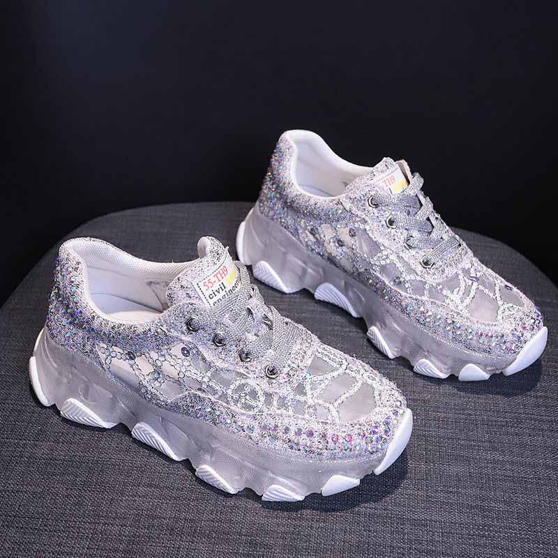 Plus Size 35-39 Summer Women Mesh Sneakers Breathable Running Basketball Shoes Students Shockproof Non-slip Rhinestone Crystal Shoes