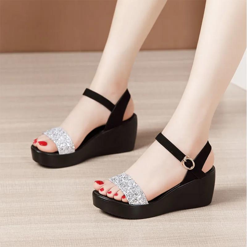 One Word Buckle Wedge Heel Sandals Women's Waterproof Platform Casual Work All-match Fashion Sandals