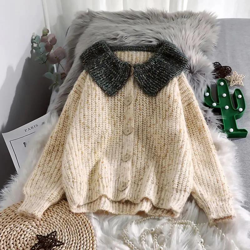Short Doll Collar Sweater Cardigan Women's Spring and Autumn Sweet and Loose Student Sweater Coat Thickening