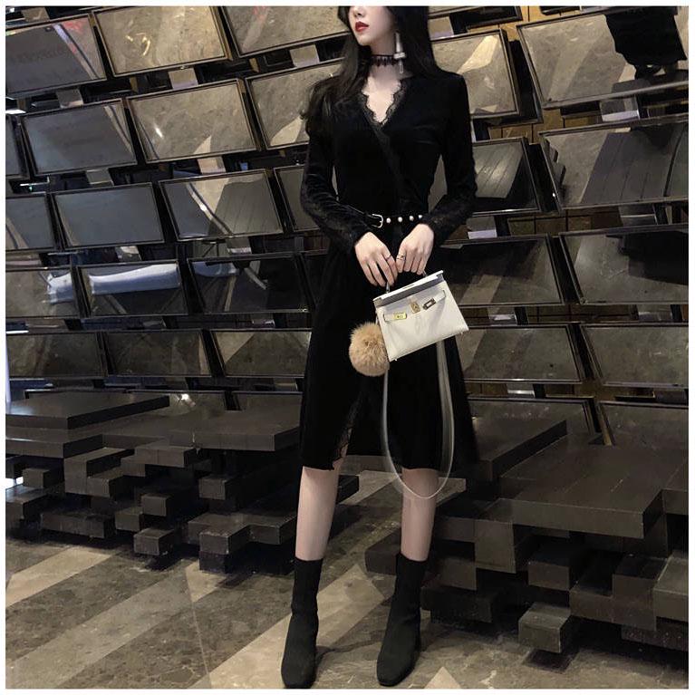 Spring and autumn sexy lace skirt plus size Slim V-neck long dress wild black dress women
