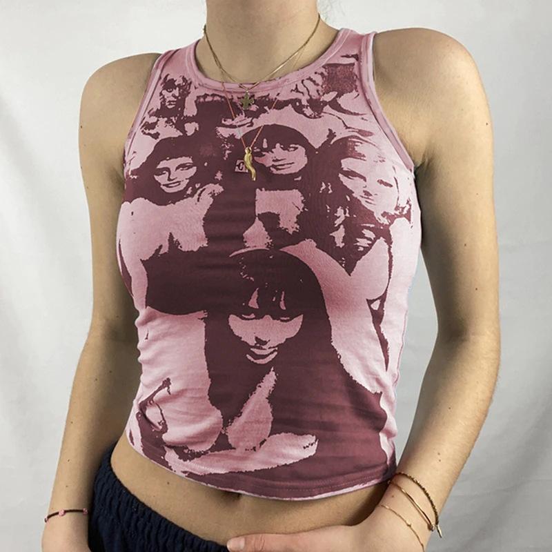 Portrait Graphic Print Tank Top 90s Vintage Harajuku Sleeveless Crop Top Y2K Aesthetic Summer Slim Fit Tee Tops Streetwear