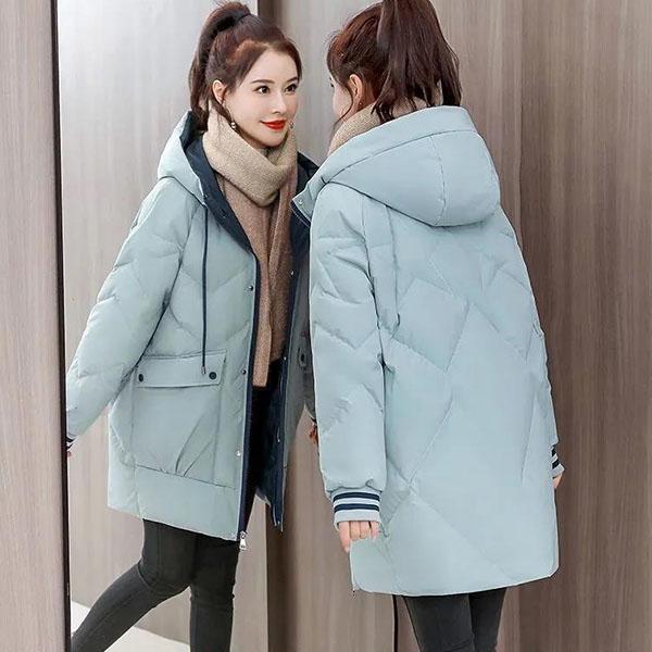 Women's Winter Mid-length Down Cotton Jackets Large Size Solid Color Loose Thickened Hooded Cotton Coats