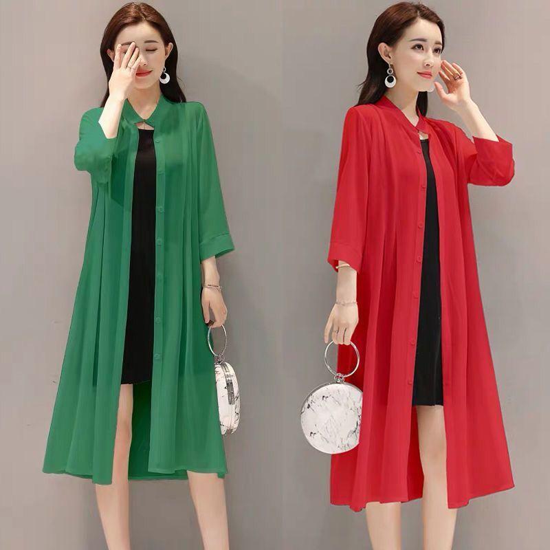 Women's Sun Protection Clothing Sun-Dress Mid-length Plus Size Shawl Loose Outer Chiffon Cardigan Thin Coat Beach