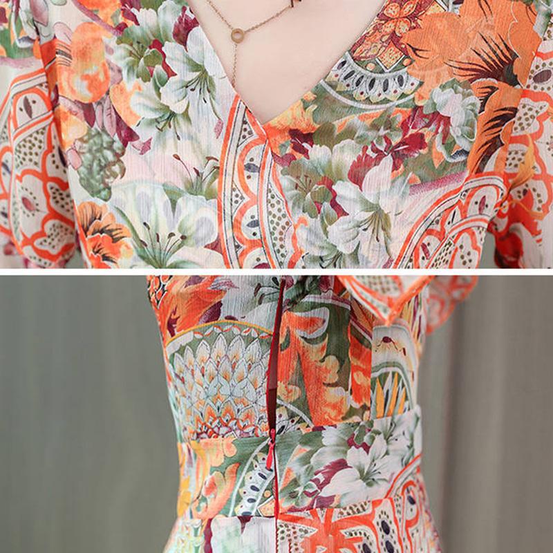 Dress Summer Women's Large Size Chiffon Waist Waist Was Thin Floral Long Skirt A-line Version Long Skirt Large Skirt Waist Waist Was Thin Beach Dress