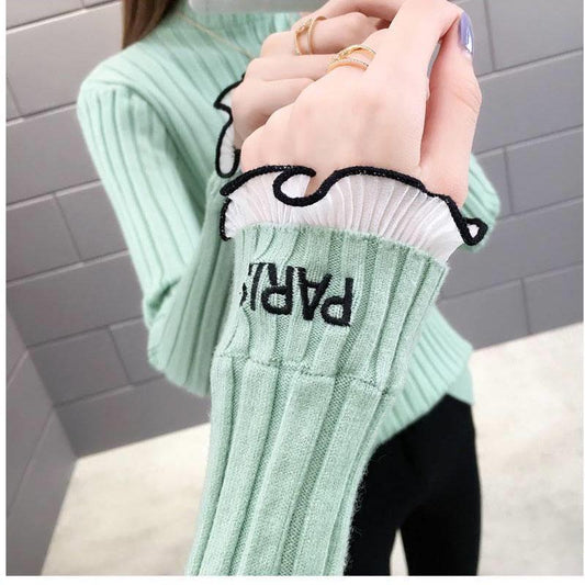 Autumn and Winter Lace Half High Neck Bottoming Shirt Slim Knit Warm Sweater Fashion Simple Female Top